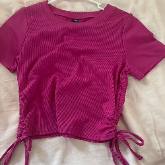 SHEIN Women's Hot Pink Tie Fitted Medium Ribbed Bow Cropped Top T-Shirt - Picture 1 of 1